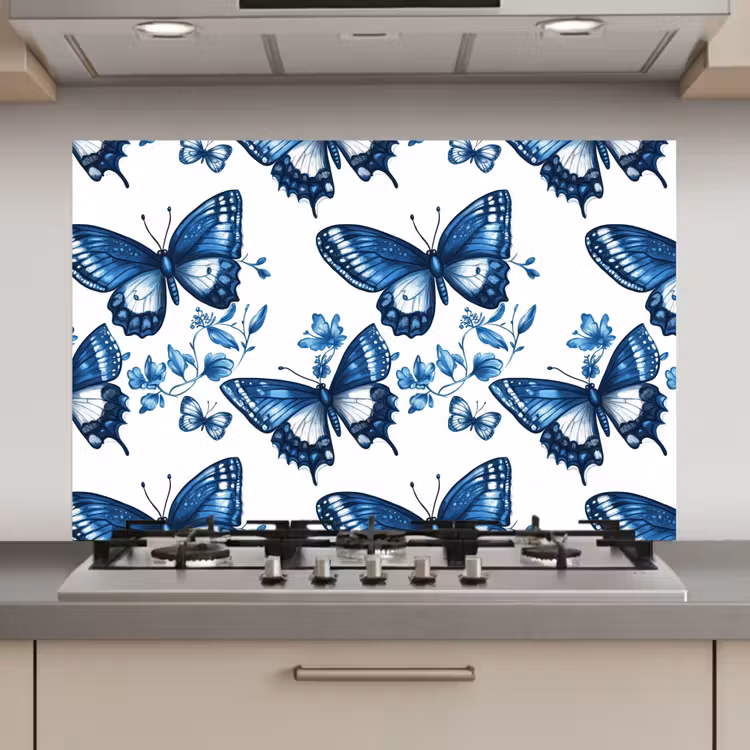Spatscherm keuken - Blauw - Vlinders - Bloemen - Wit — 1