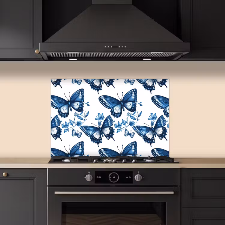 Spatscherm keuken - Blauw - Vlinders - Bloemen - Wit — 2