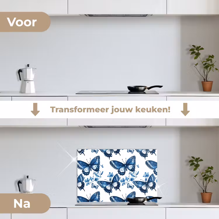 Spatscherm keuken - Blauw - Vlinders - Bloemen - Wit — 3