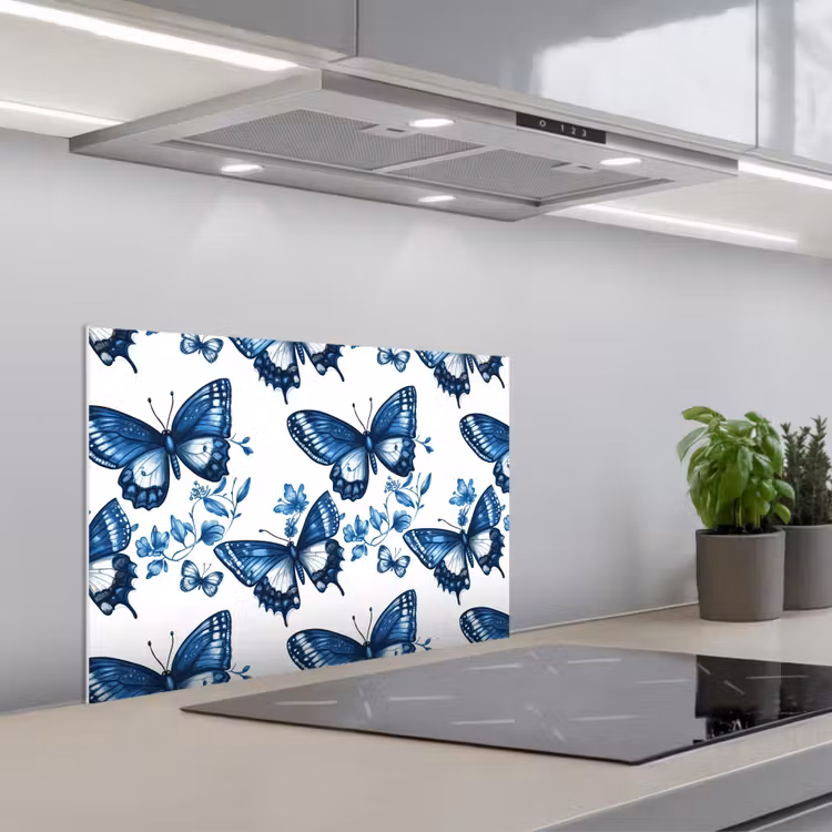 Spatscherm keuken - Blauw - Vlinders - Bloemen - Wit — 5
