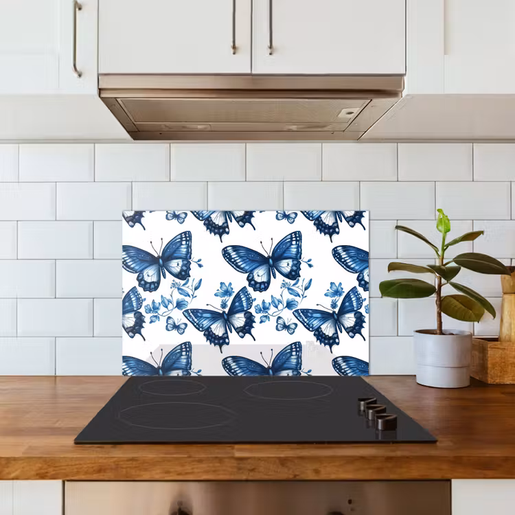Spatscherm keuken - Blauw - Vlinders - Bloemen - Wit — 6
