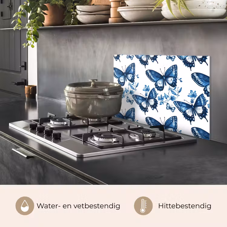 Spatscherm keuken - Blauw - Vlinders - Bloemen - Wit — 7