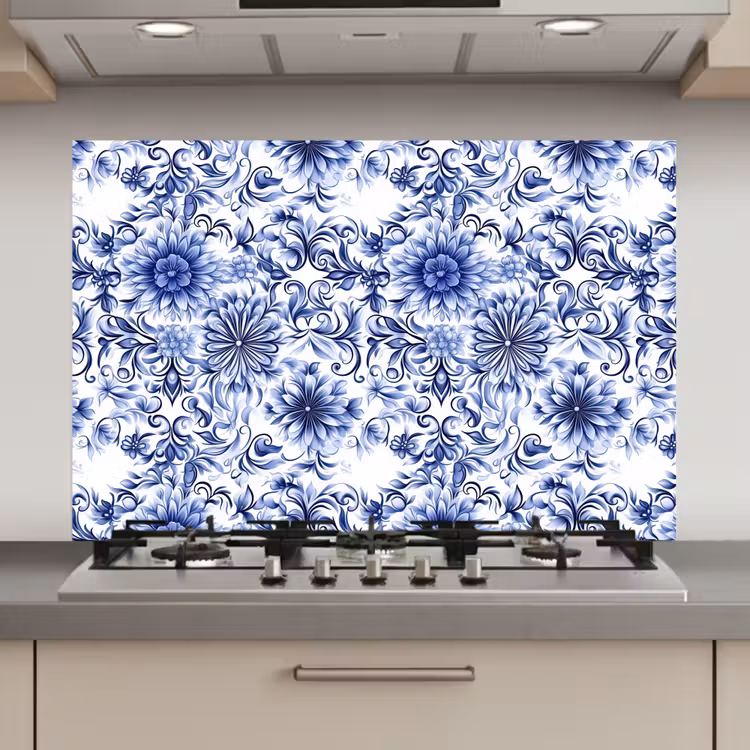 Spatscherm keuken - Bloemen - Blauw - Patroon - Wit — 1