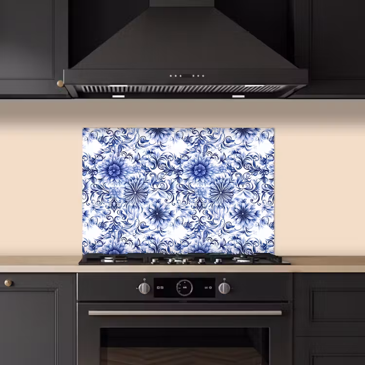 Spatscherm keuken - Bloemen - Blauw - Patroon - Wit — 2