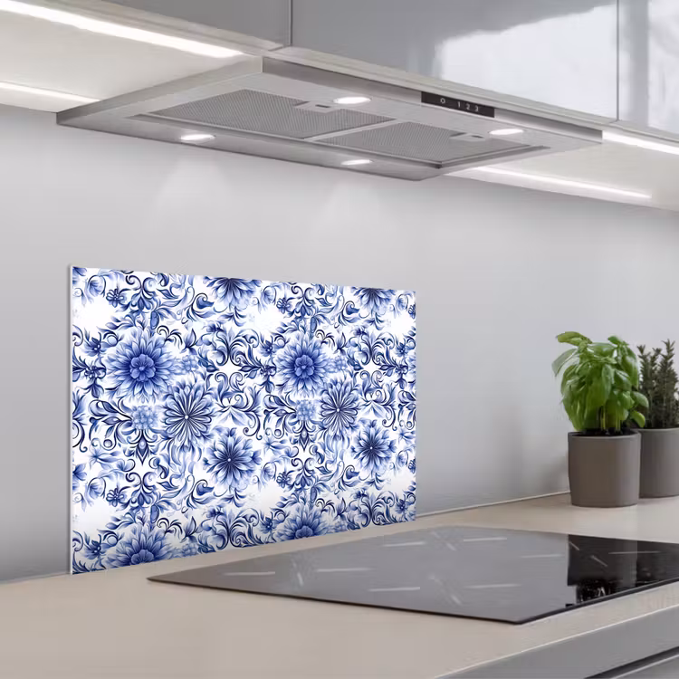 Spatscherm keuken - Bloemen - Blauw - Patroon - Wit — 5