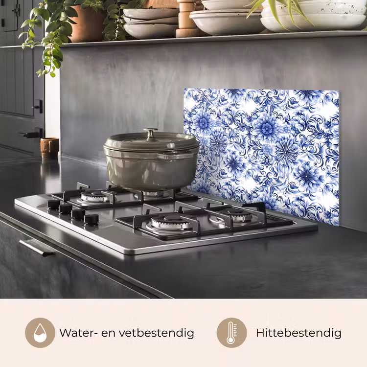 Spatscherm keuken - Bloemen - Blauw - Patroon - Wit — 7