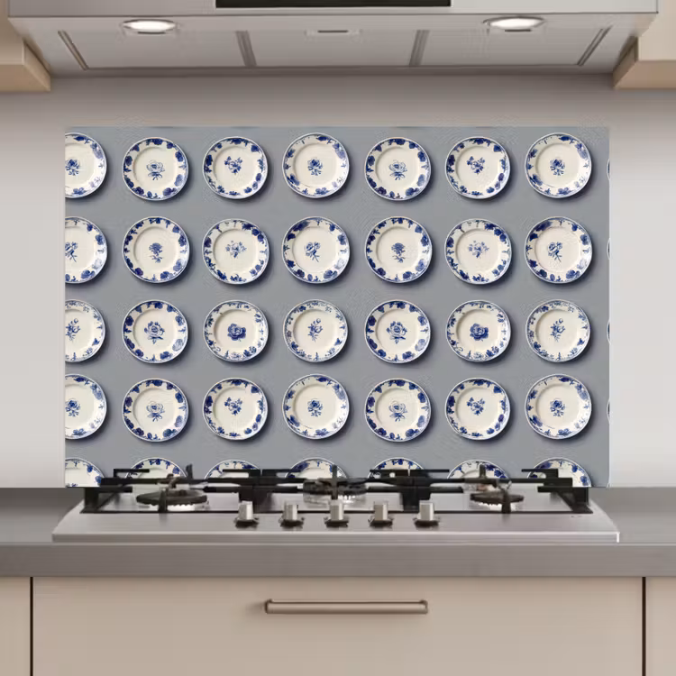 Spatscherm keuken - Borden - Bloemen - Blauw - Wit — 1