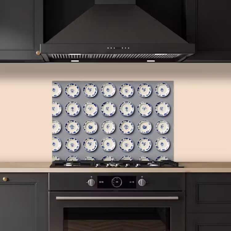 Spatscherm keuken - Borden - Bloemen - Blauw - Wit — 2