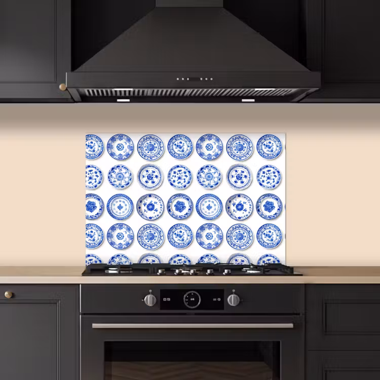 Spatscherm keuken - Borden - Bloemen - Patroon - Blauw — 2