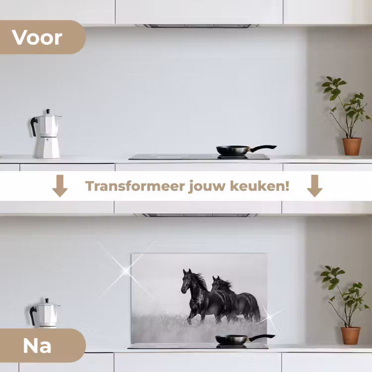 Spatscherm keuken - Paarden - Gras - Zwart - Wit — 3