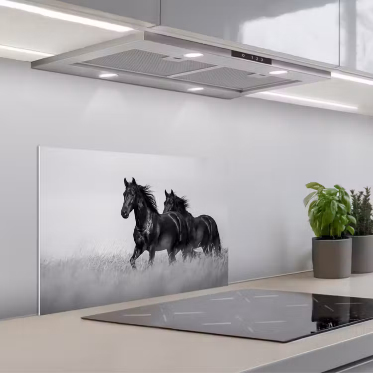 Spatscherm keuken - Paarden - Gras - Zwart - Wit — 5