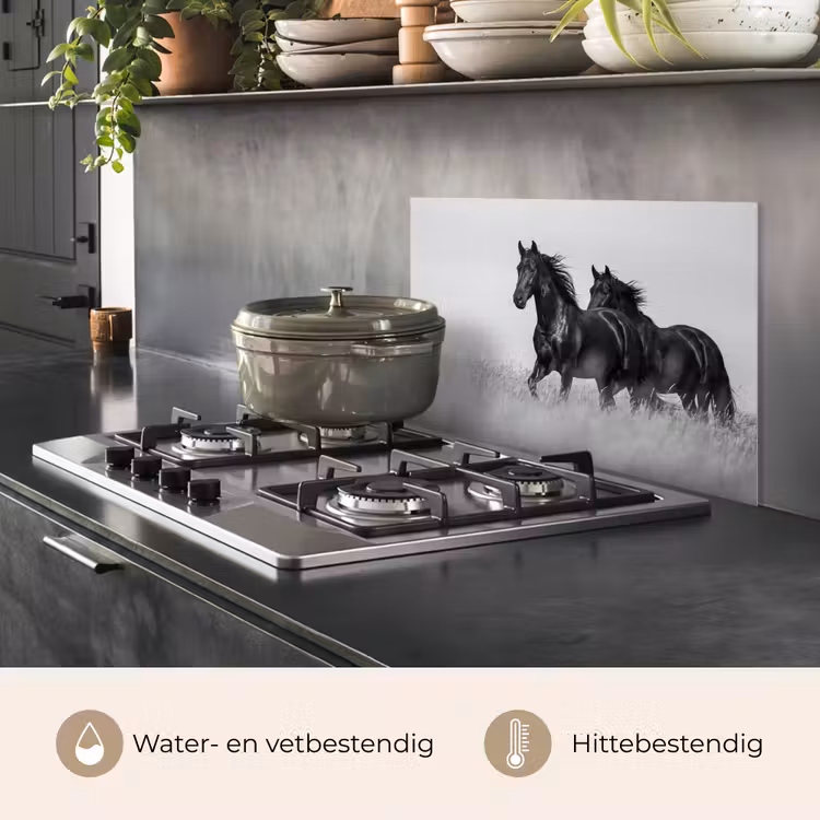 Spatscherm keuken - Paarden - Gras - Zwart - Wit — 7