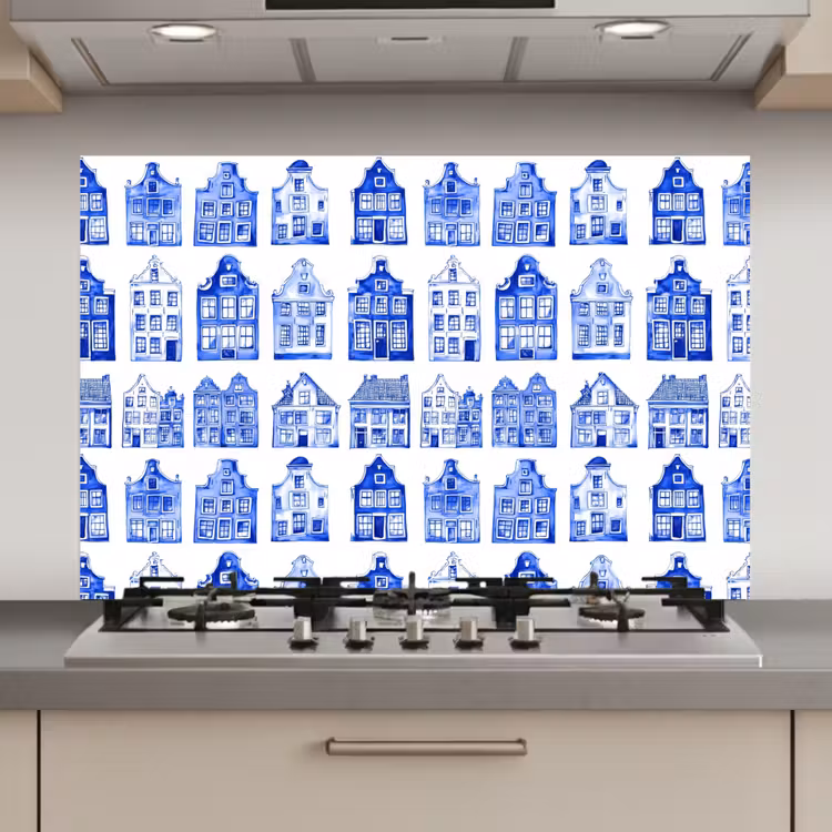Spatscherm keuken - Patroon - Huizen - Blauw — 1