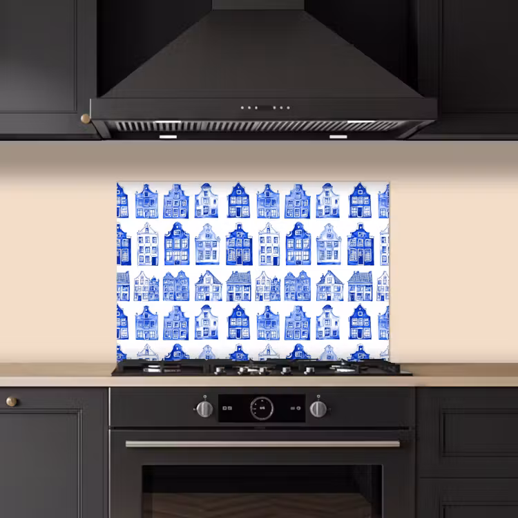 Spatscherm keuken - Patroon - Huizen - Blauw — 2