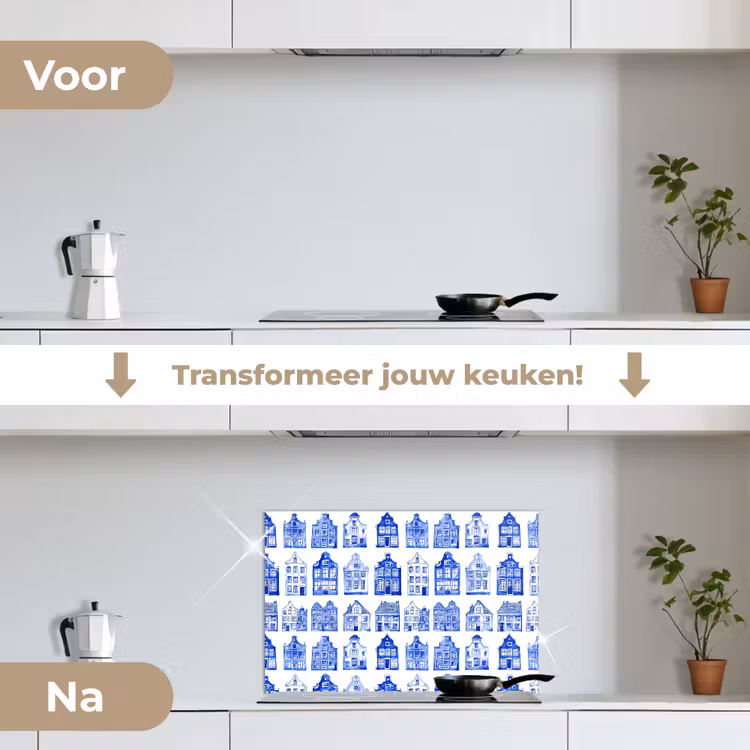 Spatscherm keuken - Patroon - Huizen - Blauw — 3