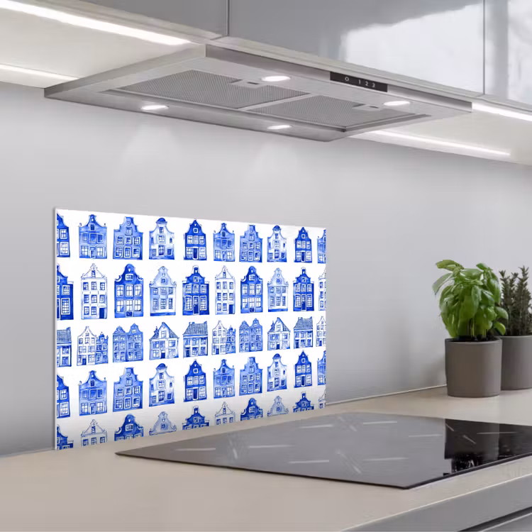 Spatscherm keuken - Patroon - Huizen - Blauw — 5