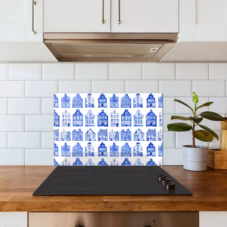 Spatscherm keuken - Patroon - Huizen - Blauw — 6