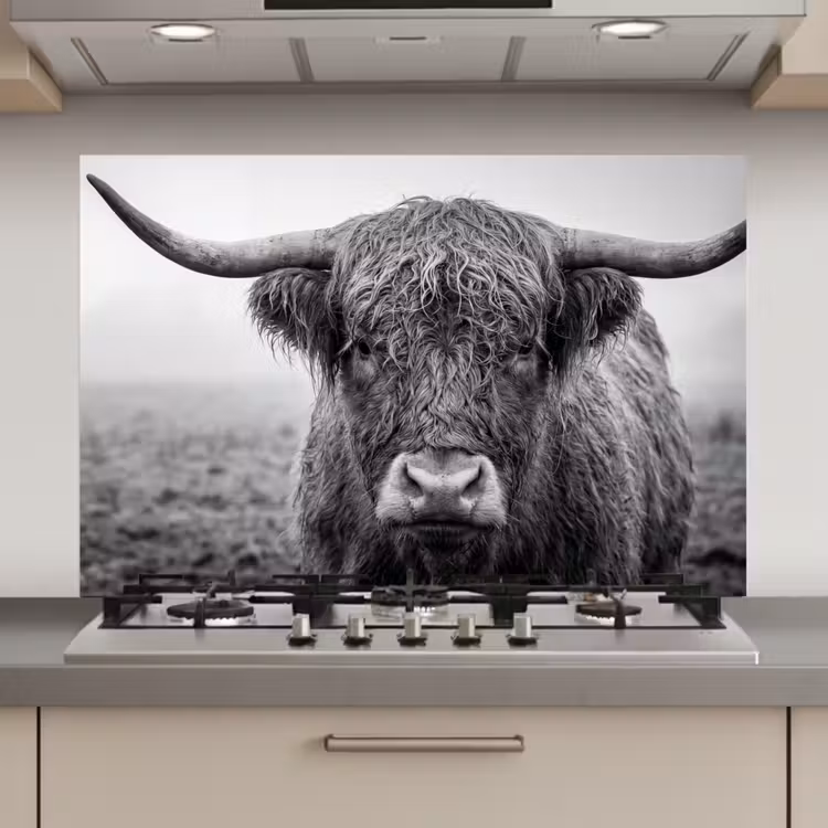 Spatscherm keuken - Schotse hooglander - Zwart - Wit - Gras — 1