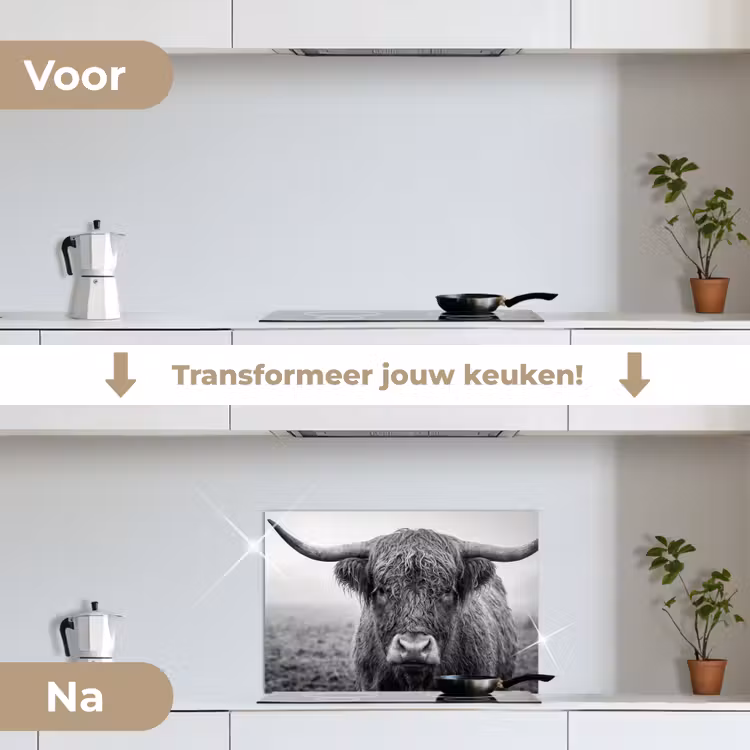 Spatscherm keuken - Schotse hooglander - Zwart - Wit - Gras — 3