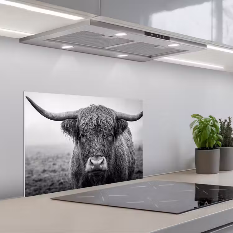 Spatscherm keuken - Schotse hooglander - Zwart - Wit - Gras — 5