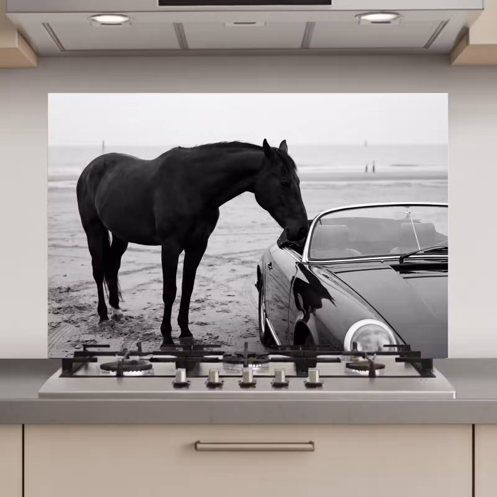 Spatscherm keuken - Paard - Auto - Zwart - Wit — 1