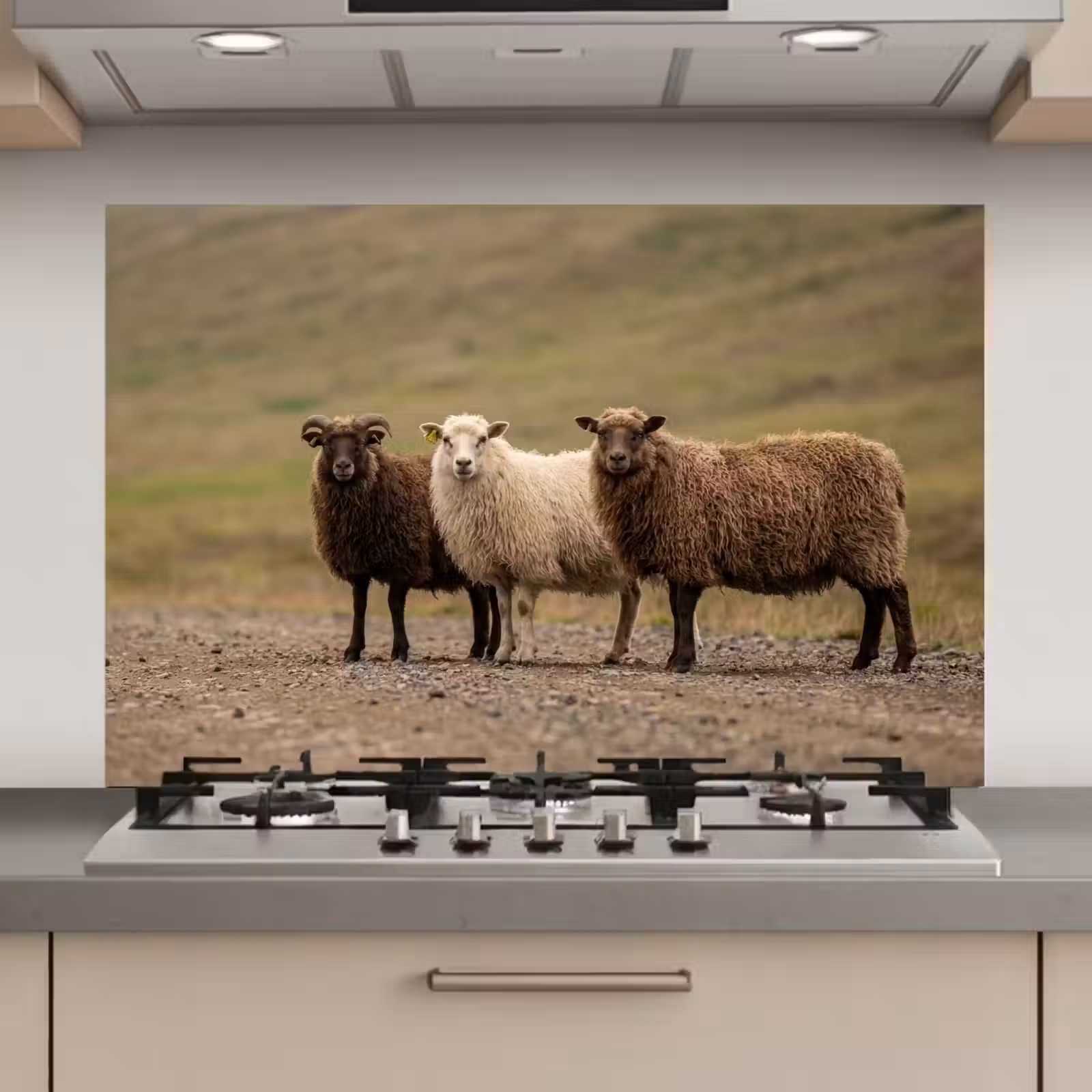 Spatscherm keuken - Schapen - Bruin - Wit - Grindpad — 1