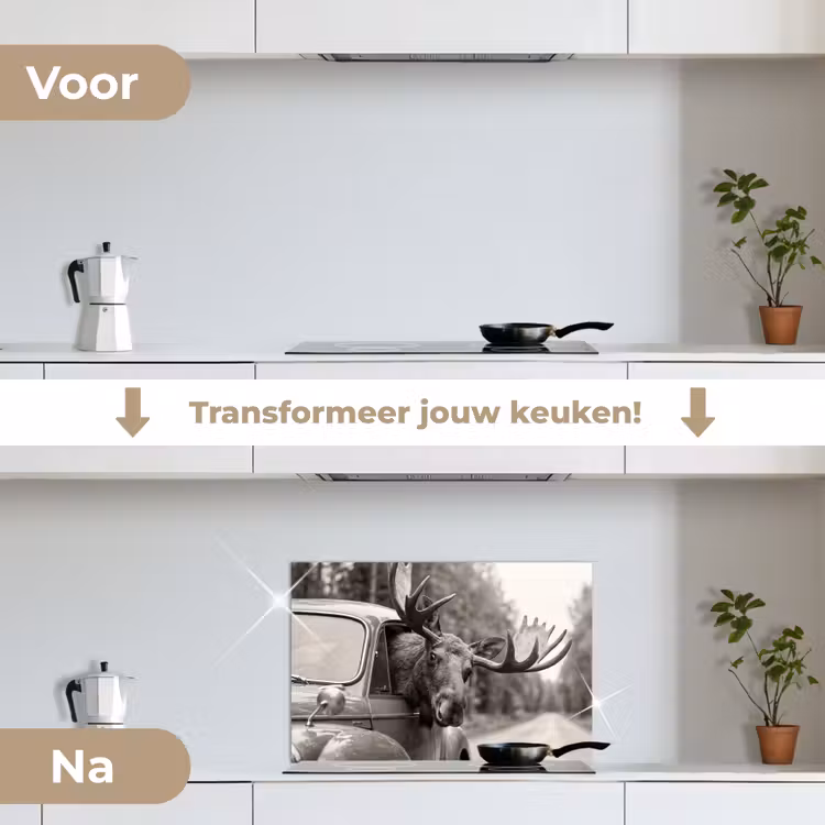 Spatscherm keuken - Eland - Auto - Gewei - Zwart - Wit — 3