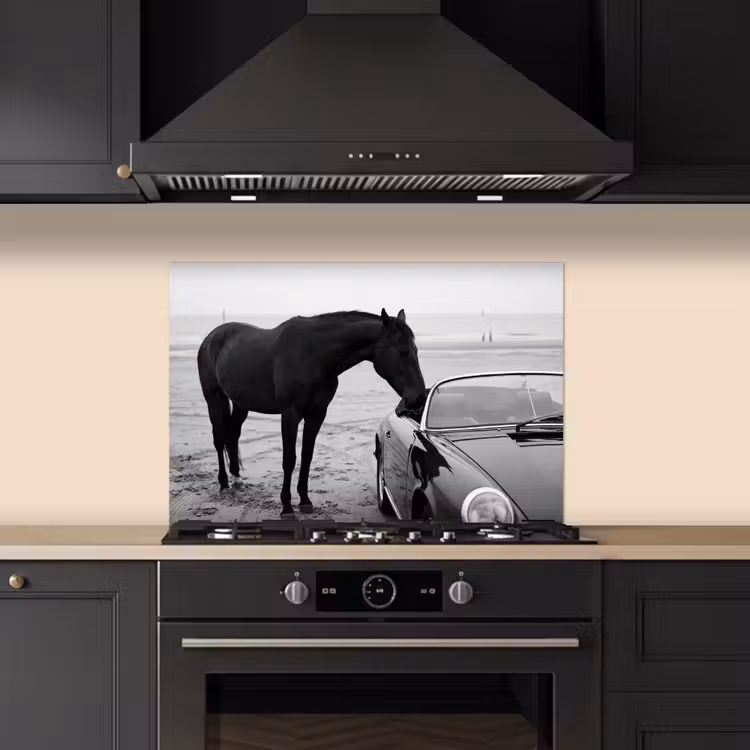 Spatscherm keuken - Paard - Auto - Zwart - Wit — 2