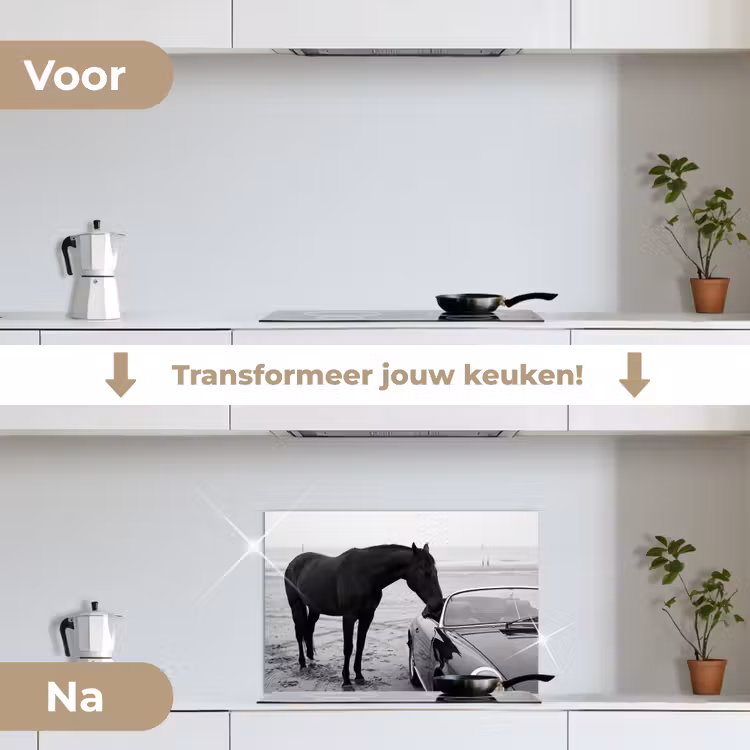 Spatscherm keuken - Paard - Auto - Zwart - Wit — 3