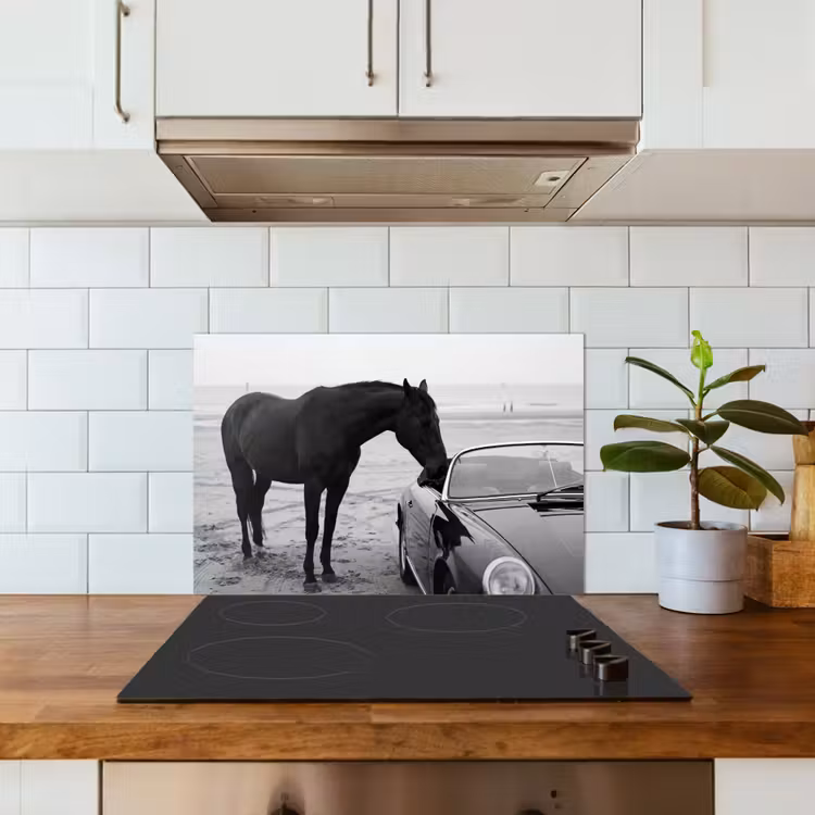 Spatscherm keuken - Paard - Auto - Zwart - Wit — 6