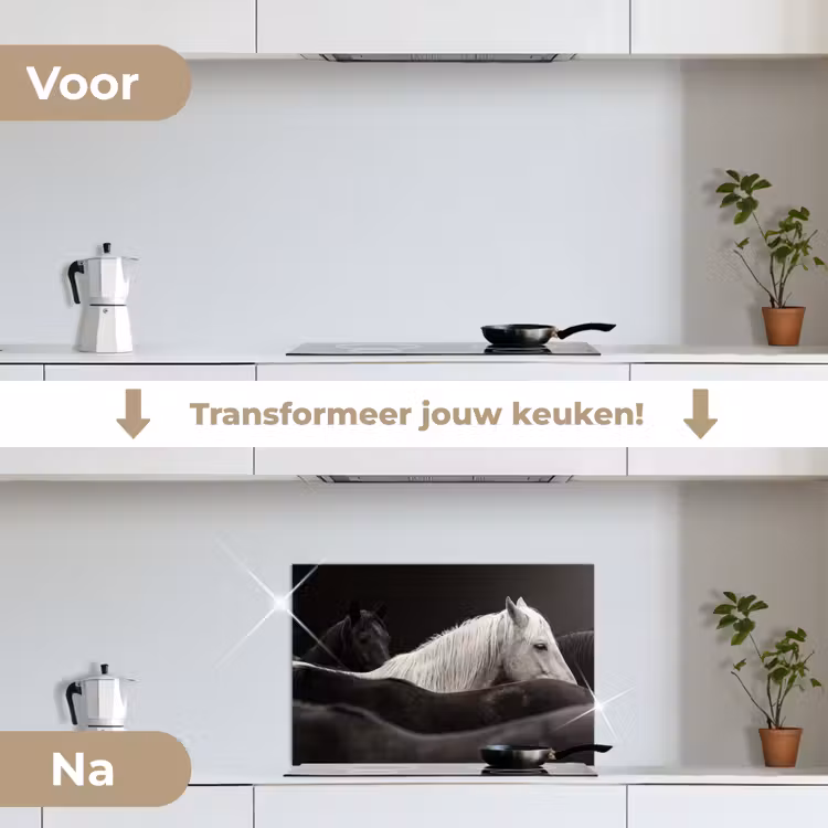 Spatscherm keuken - Paarden - Zwart - Wit - Kudde — 3