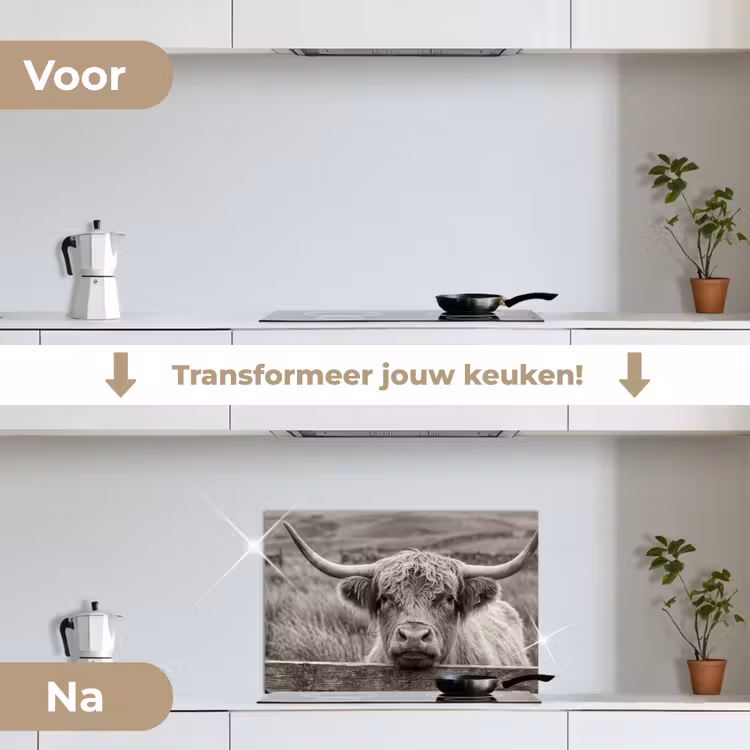 Spatscherm keuken - Schotse hooglander - Zwart - Wit - Hout — 3