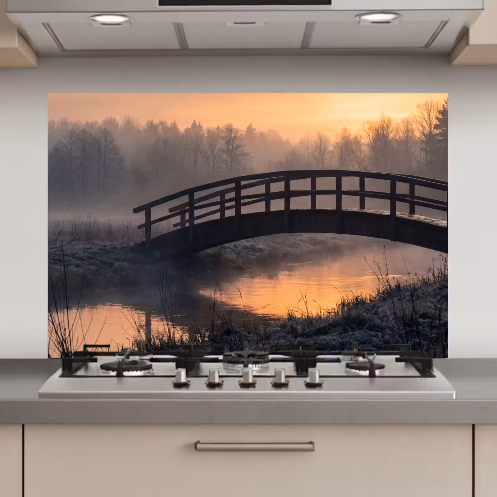 Spatscherm keuken - Brug - Mist - Bomen - Water — 1