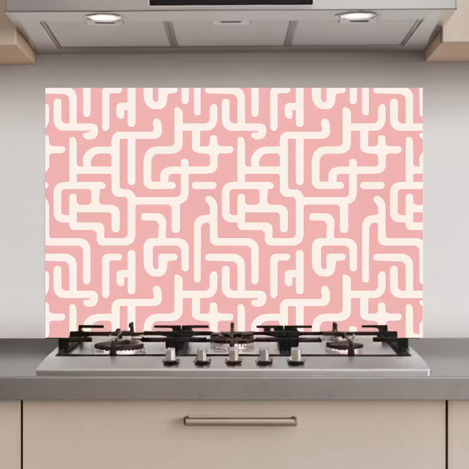 Spatscherm keuken - Doolhofpatroon - Roze - Wit - Abstract — 1