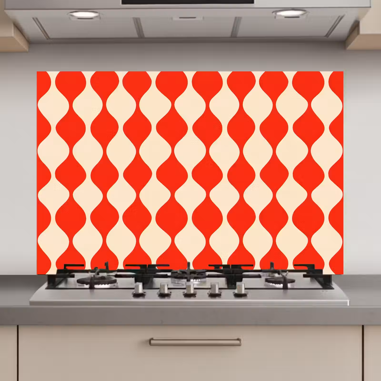 Spatscherm keuken - Golvend patroon - Retro - Rood - Beige — 1