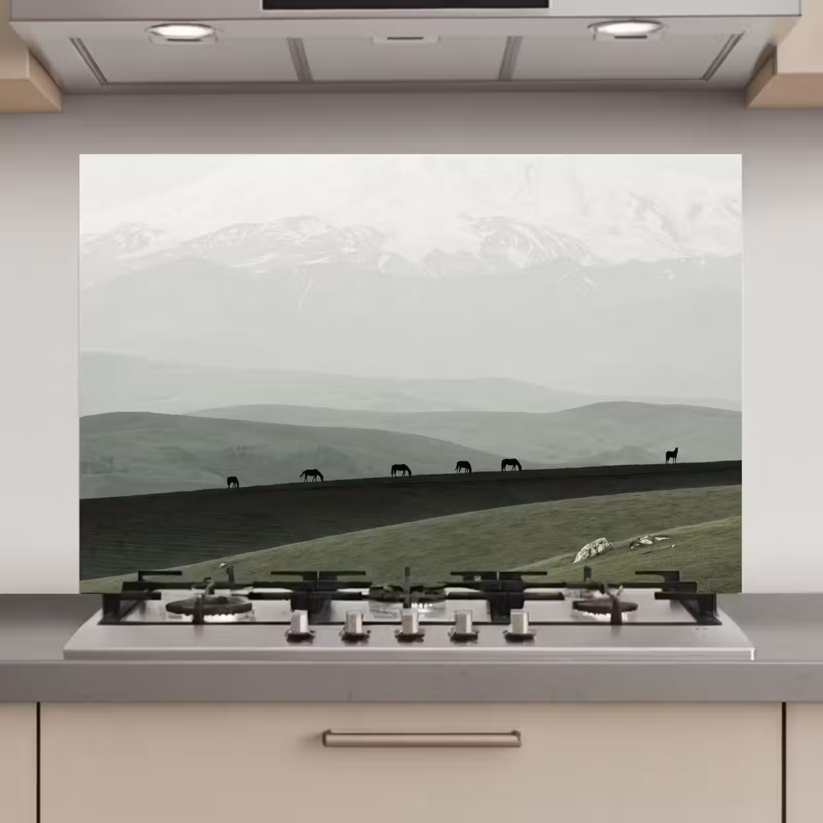 Spatscherm keuken - Grijs - Berg - Paarden — 1