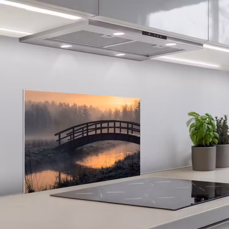 Spatscherm keuken - Brug - Mist - Bomen - Water — 5