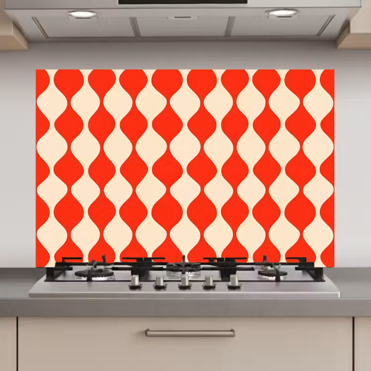 Spatscherm keuken - Golvend patroon - Retro - Rood - Beige — 1