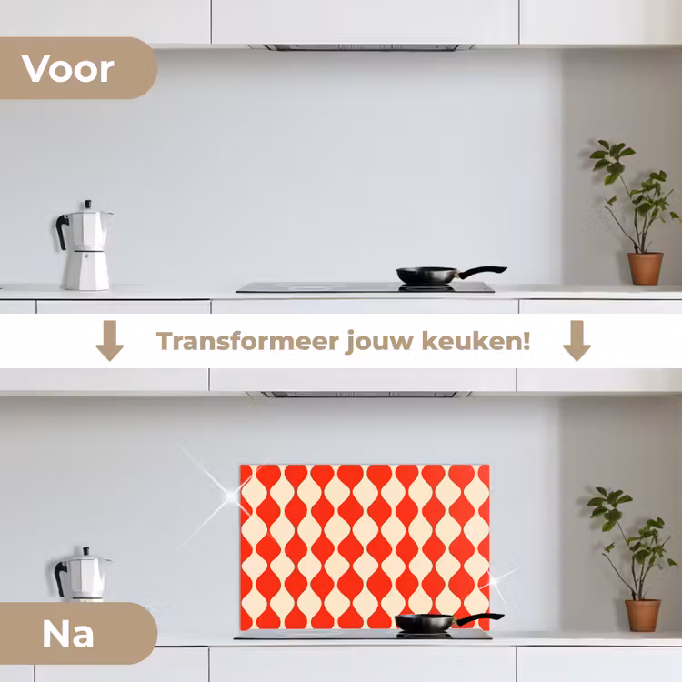 Spatscherm keuken - Golvend patroon - Retro - Rood - Beige — 3