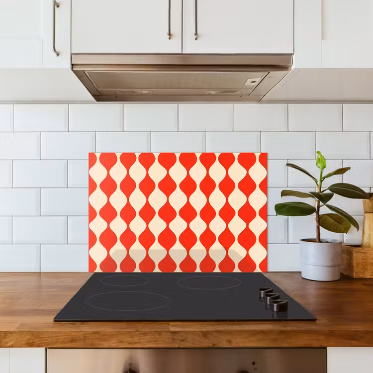 Spatscherm keuken - Golvend patroon - Retro - Rood - Beige — 6