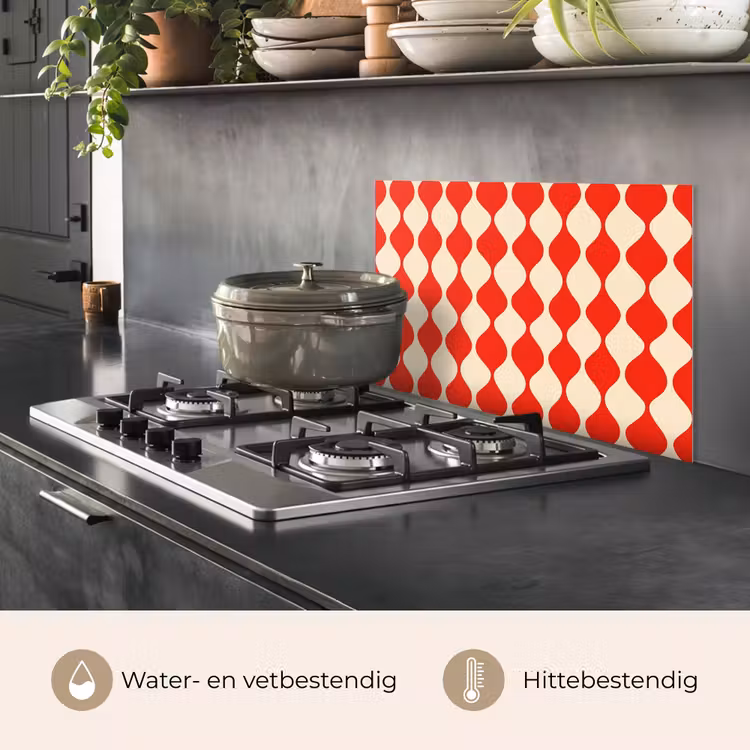 Spatscherm keuken - Golvend patroon - Retro - Rood - Beige — 7