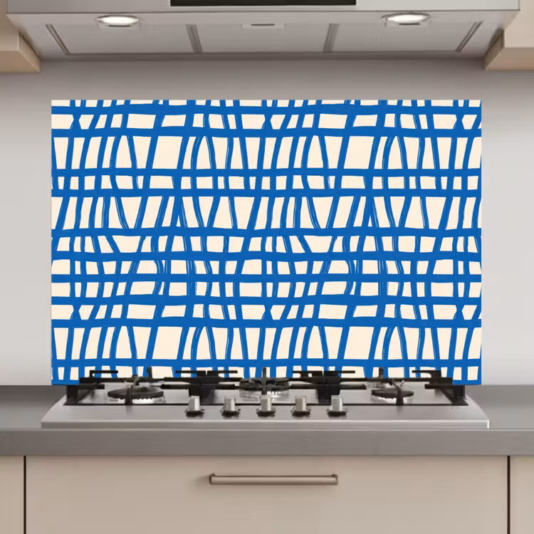 Spatscherm keuken - Ruitpatroon - Blauw - Crème — 1