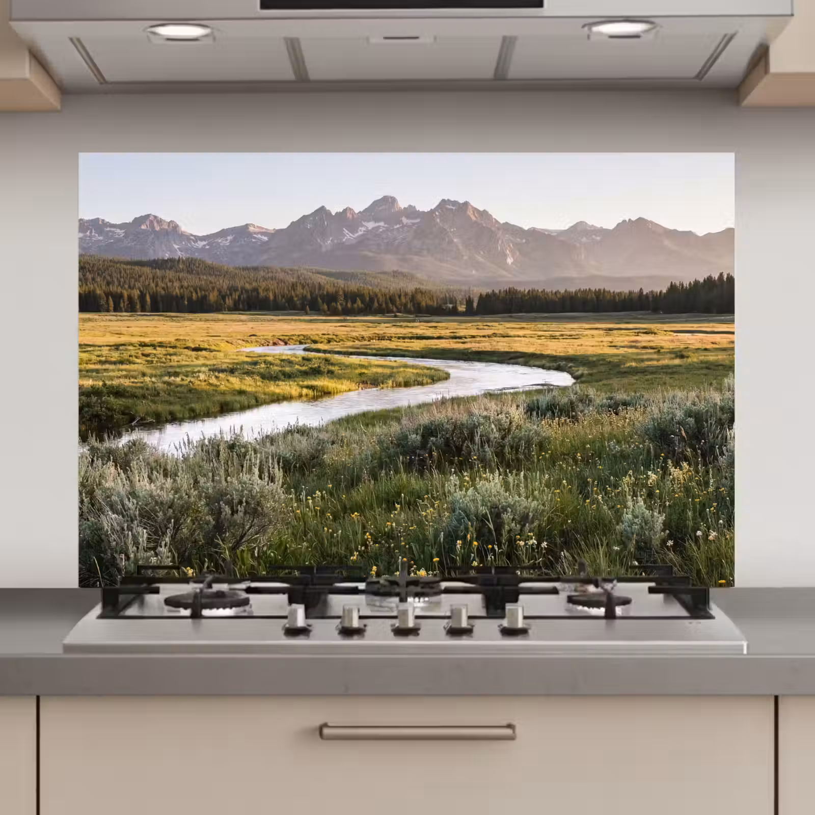 Spatscherm keuken - Berglandschap - Rivier - Bos — 1