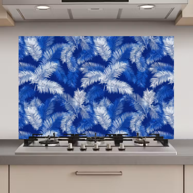 Spatscherm keuken - Palmblad - Patroon - Blauw — 1