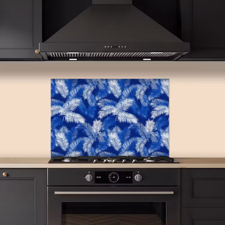 Spatscherm keuken - Palmblad - Patroon - Blauw — 2