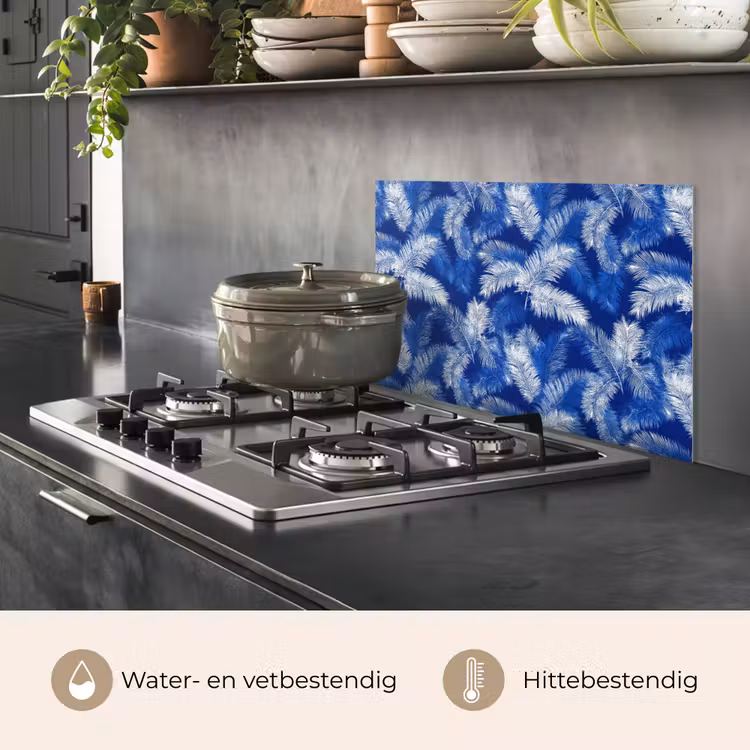 Spatscherm keuken - Palmblad - Patroon - Blauw — 7