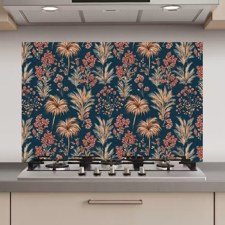 Spatscherm keuken - Botanisch - Patroon - Blauw — 1