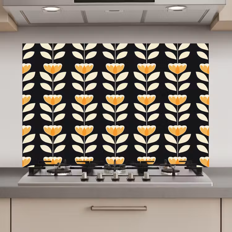 Spatscherm keuken - Retro - Bloem - Zwart - Okergeel — 1