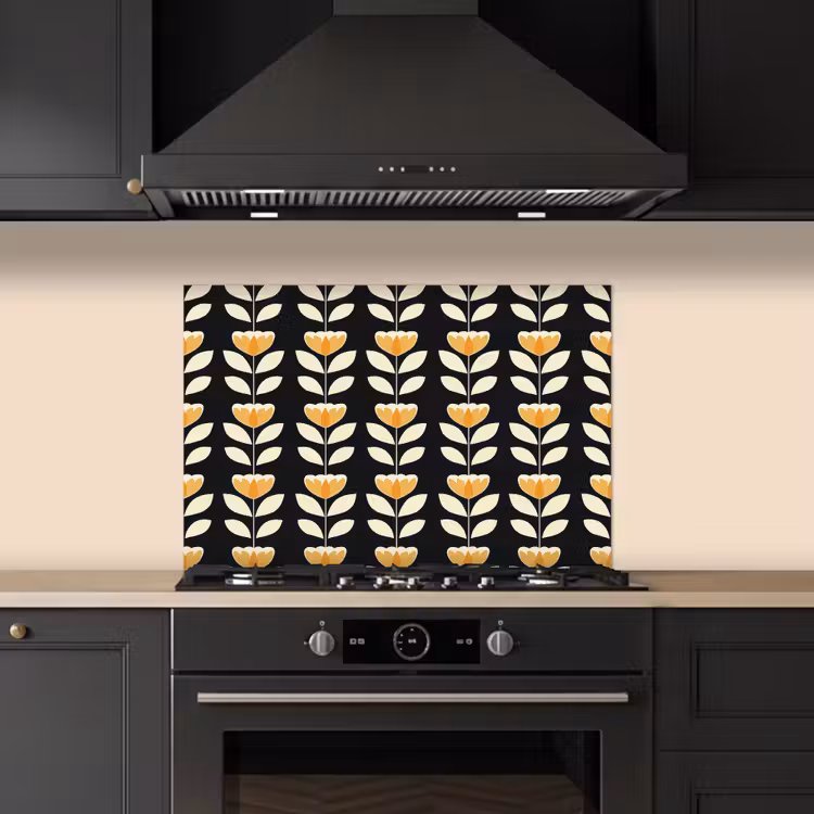Spatscherm keuken - Retro - Bloem - Zwart - Okergeel — 2