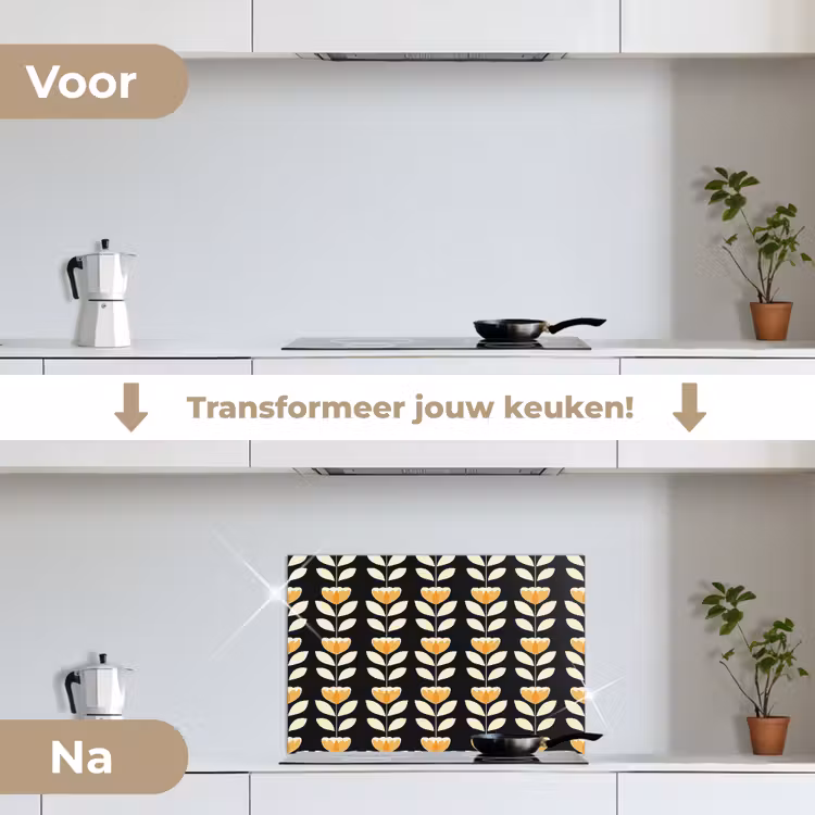 Spatscherm keuken - Retro - Bloem - Zwart - Okergeel — 3